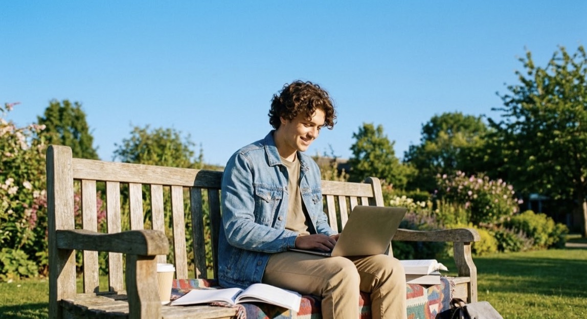 Student studying on a bench with a laptop in a sunny university campus courtyard
